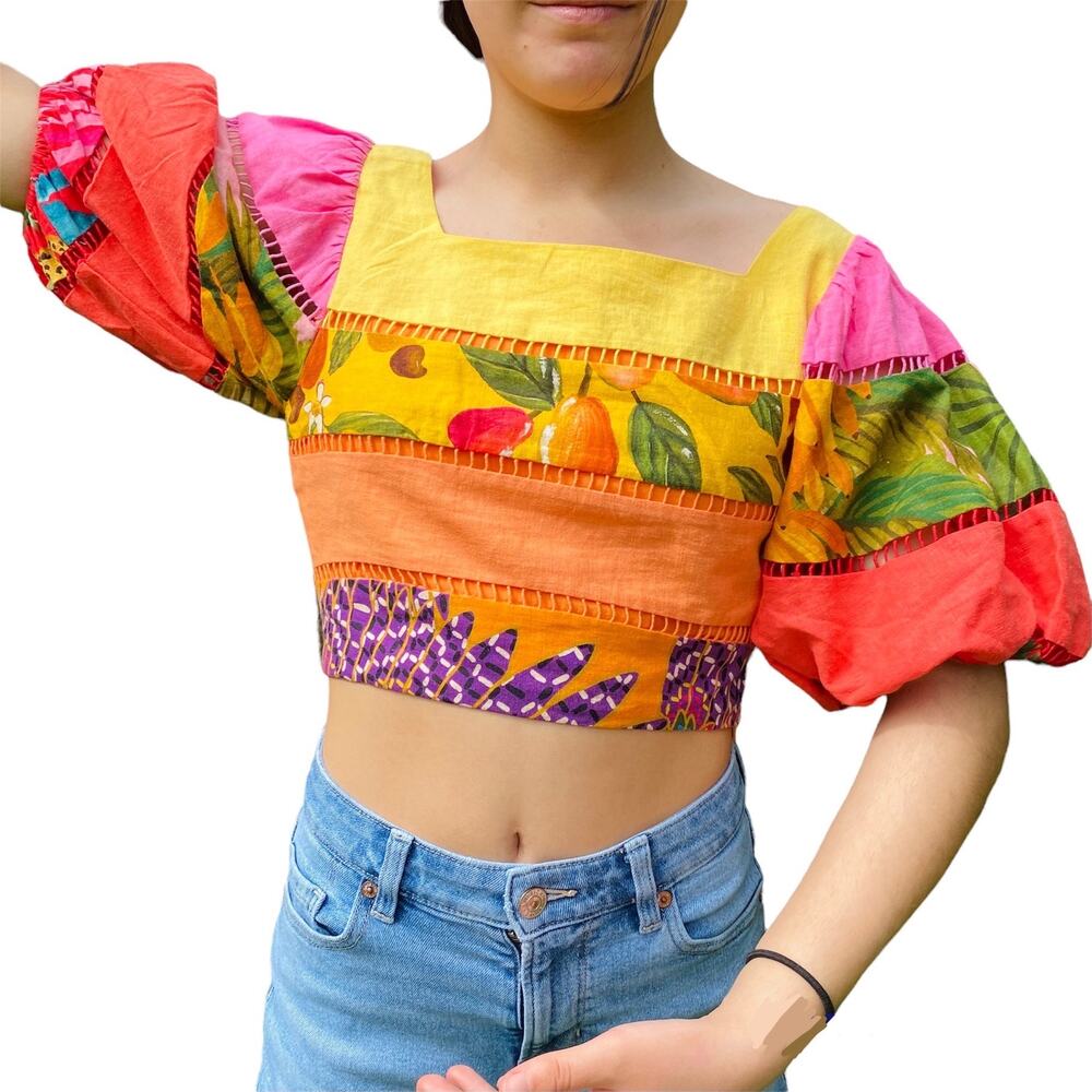 FARM Rio Rainbow Mixed Prints Tiered Linen Blend Crop Top Womens Size XS Orange